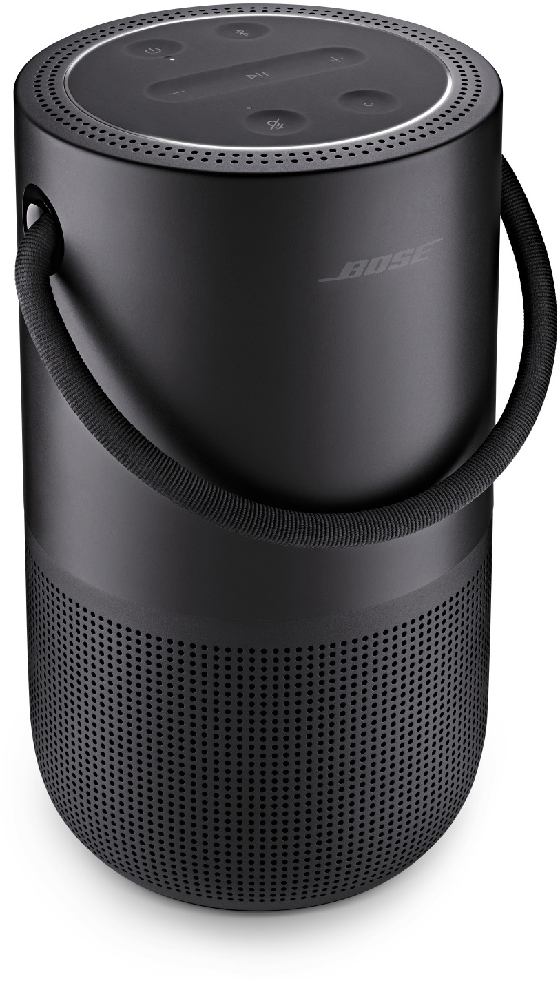 Schwarzer tragbarer Lautsprecher von Bose. Zylindrische Form mit Griff. Perforierte Bereiche für den Ton.