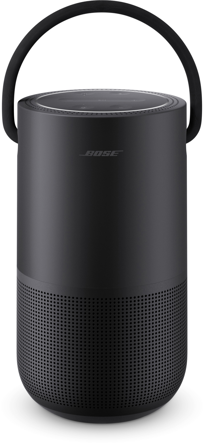 Schwarzer zylindrischer Lautsprecher mit schwarzem Griff, Bose-Logo und perforierter Basis.