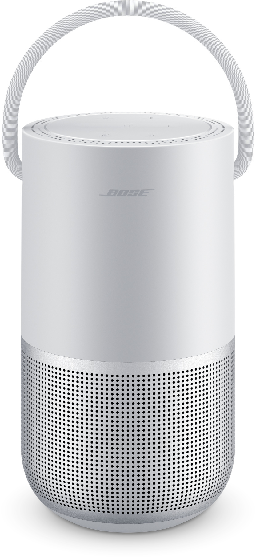 Weißer Bose-Lautsprecher mit Griff und Metallgitter unten.