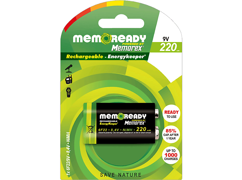 MEMOREX Herlaadbare batterij 6F22 220 mAh (READY 6F22X1 9V NIMH)