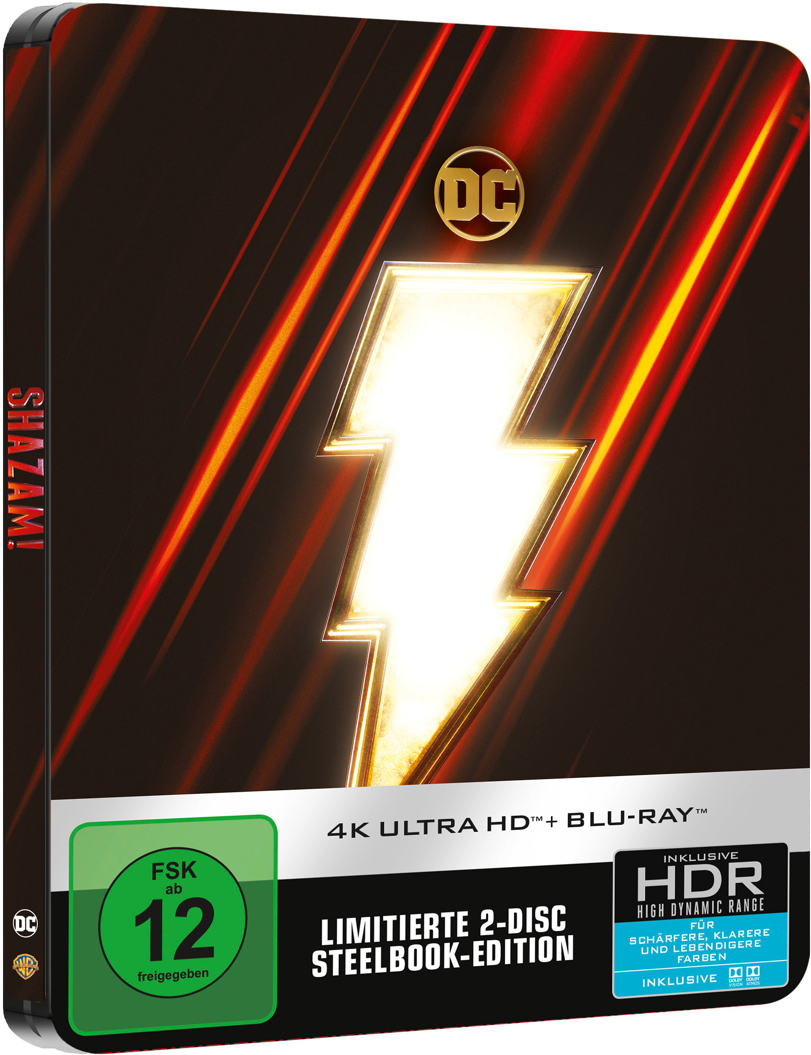 Shazam! Filmhülle. Goldener Blitz auf rotem und schwarzem Hintergrund. Text '4K Ultra HD'.