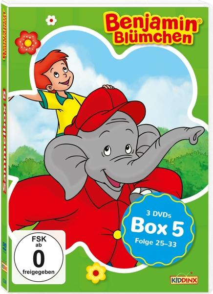 Benjamin Blümchen DVD-Cover, Cartoon-Elefant und Junge, grüner Hintergrund.