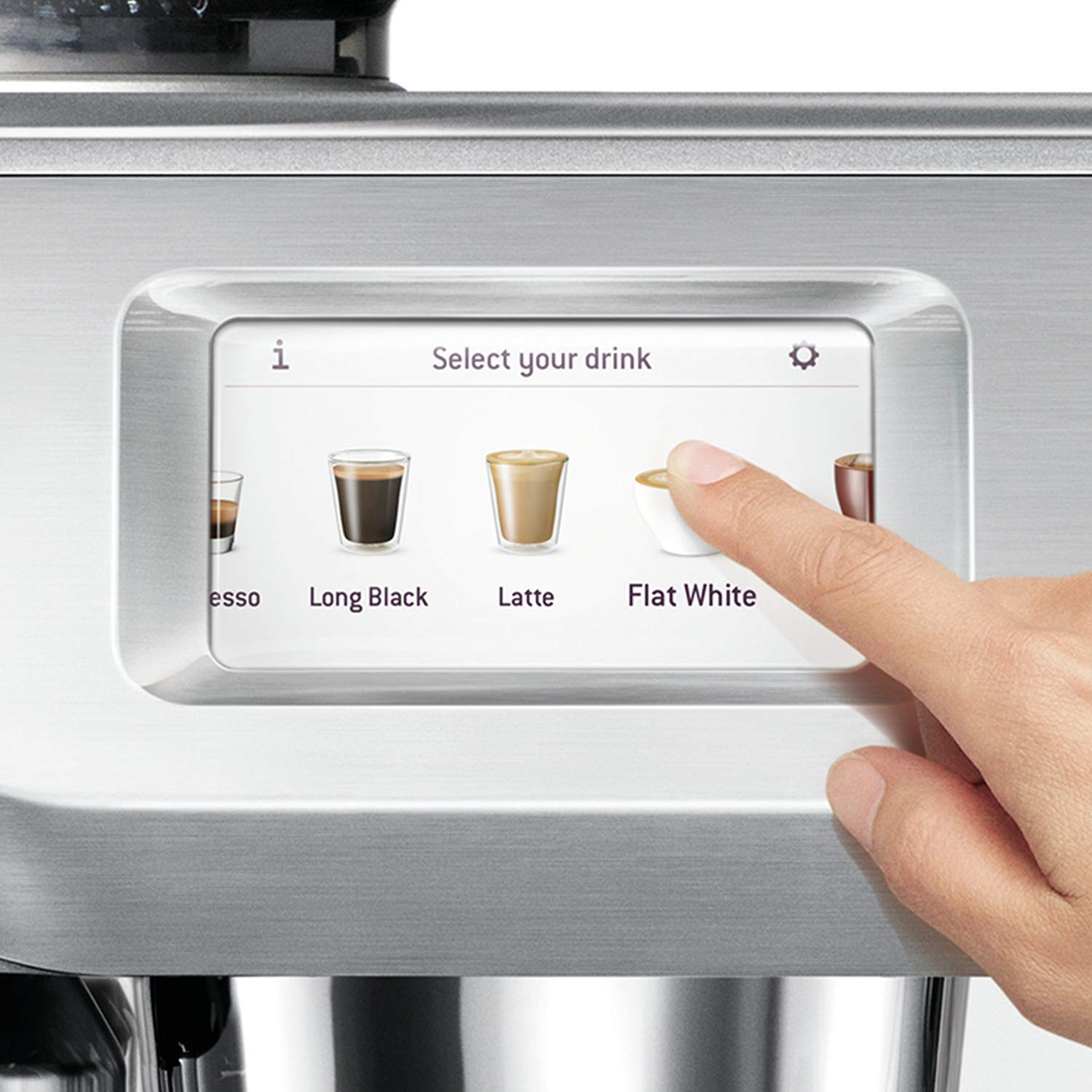 Une main touche l'option 'Flat White' sur l'écran tactile d'une machine à café affichant les choix de boissons. L'écran indique 'Select your drink'.