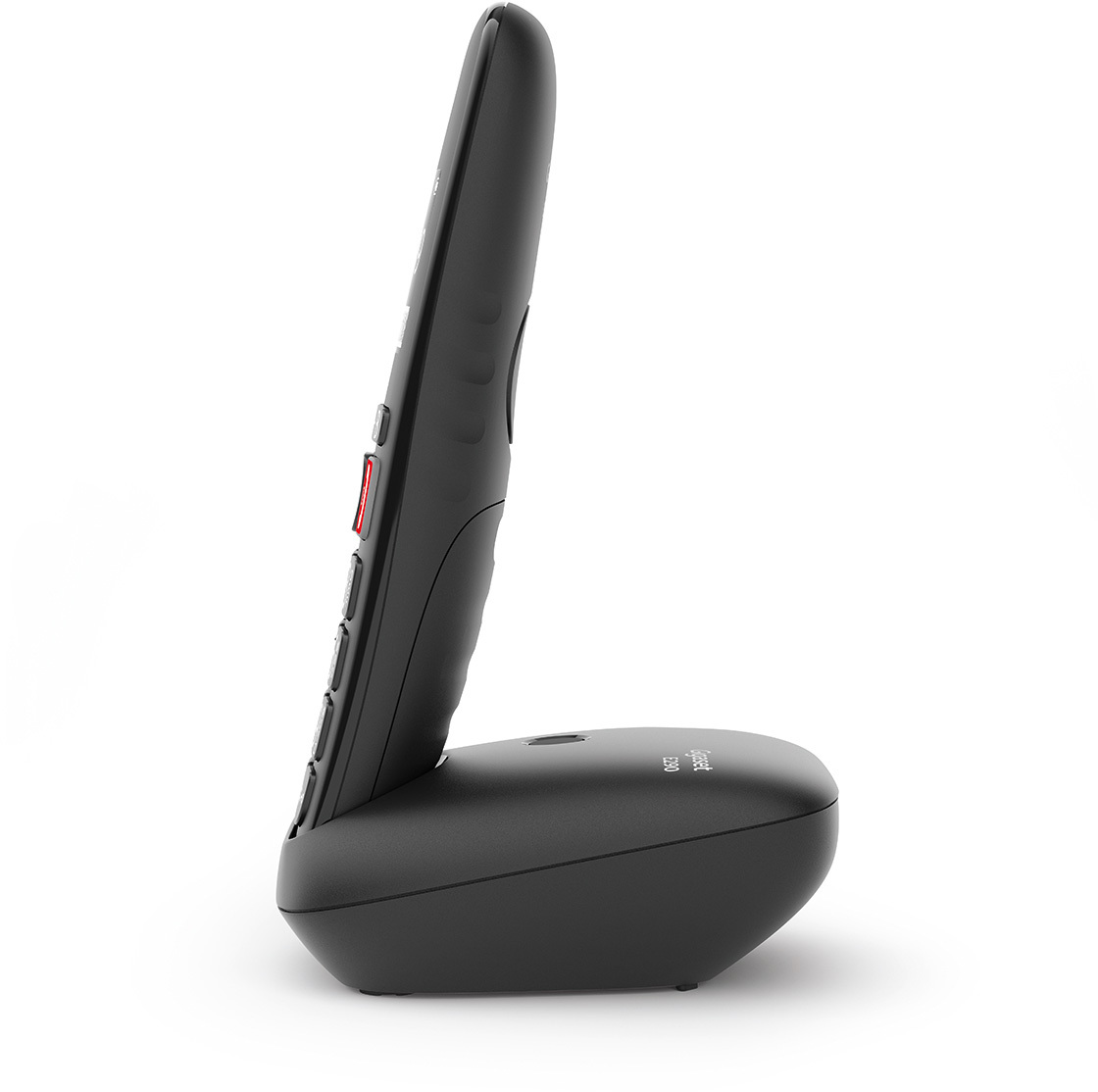 Eine schwarze schnurlose Telefonbasis. Der Hörer lehnt an der Basis.