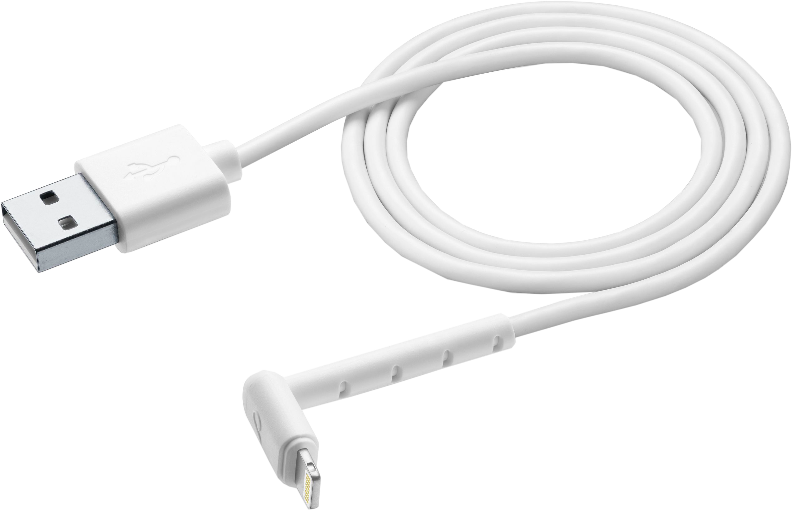 Weißes USB-Kabel mit USB-A- und Lightning-Anschluss. Das Kabel ist weiß.