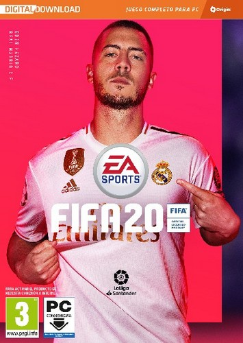 Portada del juego FIFA 20 con jugador y logo de EA Sports, fondo rosa.