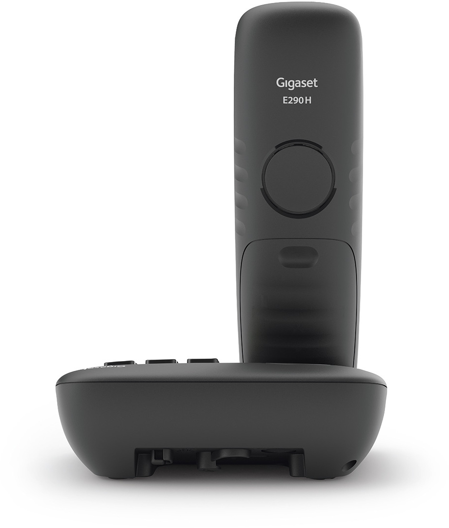 Schwarzes schnurloses Gigaset E290H Telefon. Die Basis hat Tasten. Weißer Hintergrund.