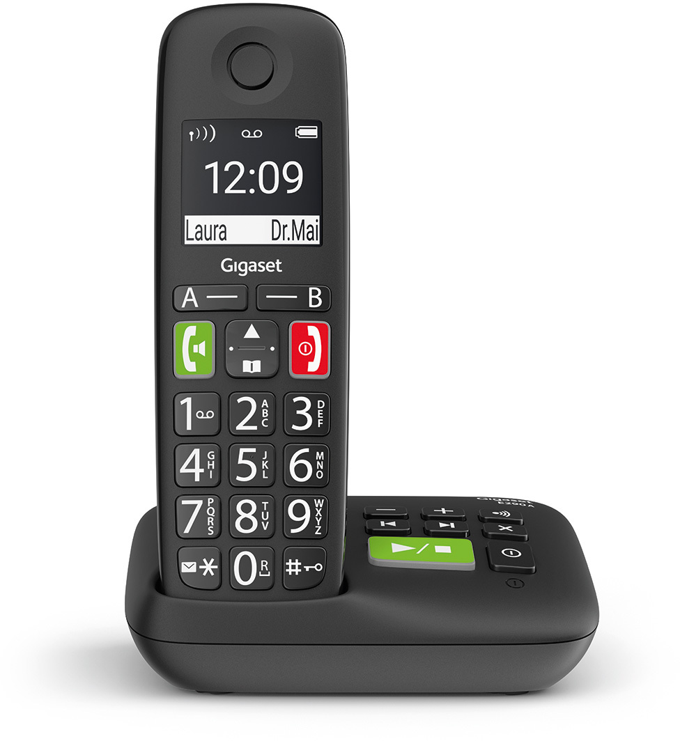 Schwarzes schnurloses Telefon auf seiner Basis, mit großen Tasten und Zeitanzeige.
