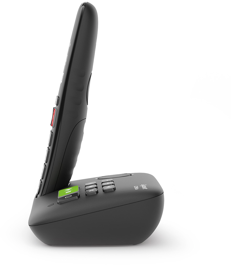 Schwarzes schnurloses Telefon mit Basis und Tasten.