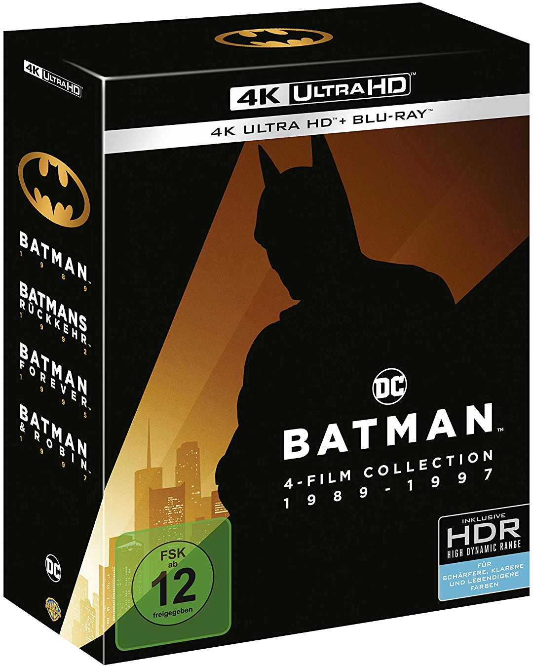 Batman 4-Film-Collection-Box-Set. Enthält eine Silhouette von Batman, Skyline und Logo.