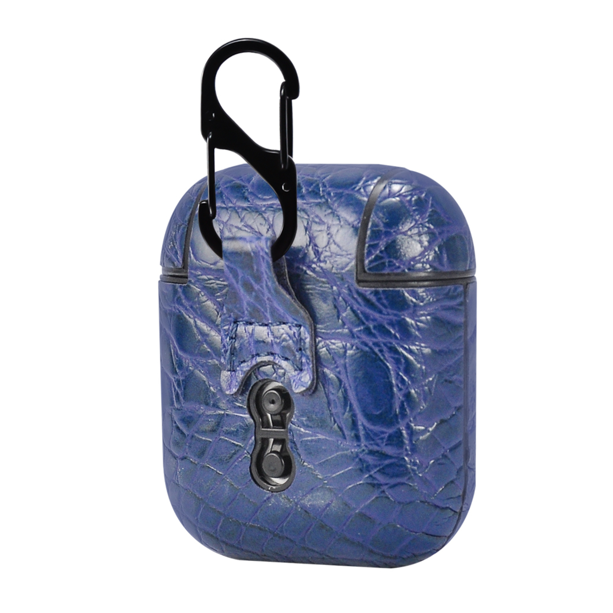 Blaues Leder-AirPods-Etui mit schwarzem Haken. Das Etui hat eine strukturierte Textur.
