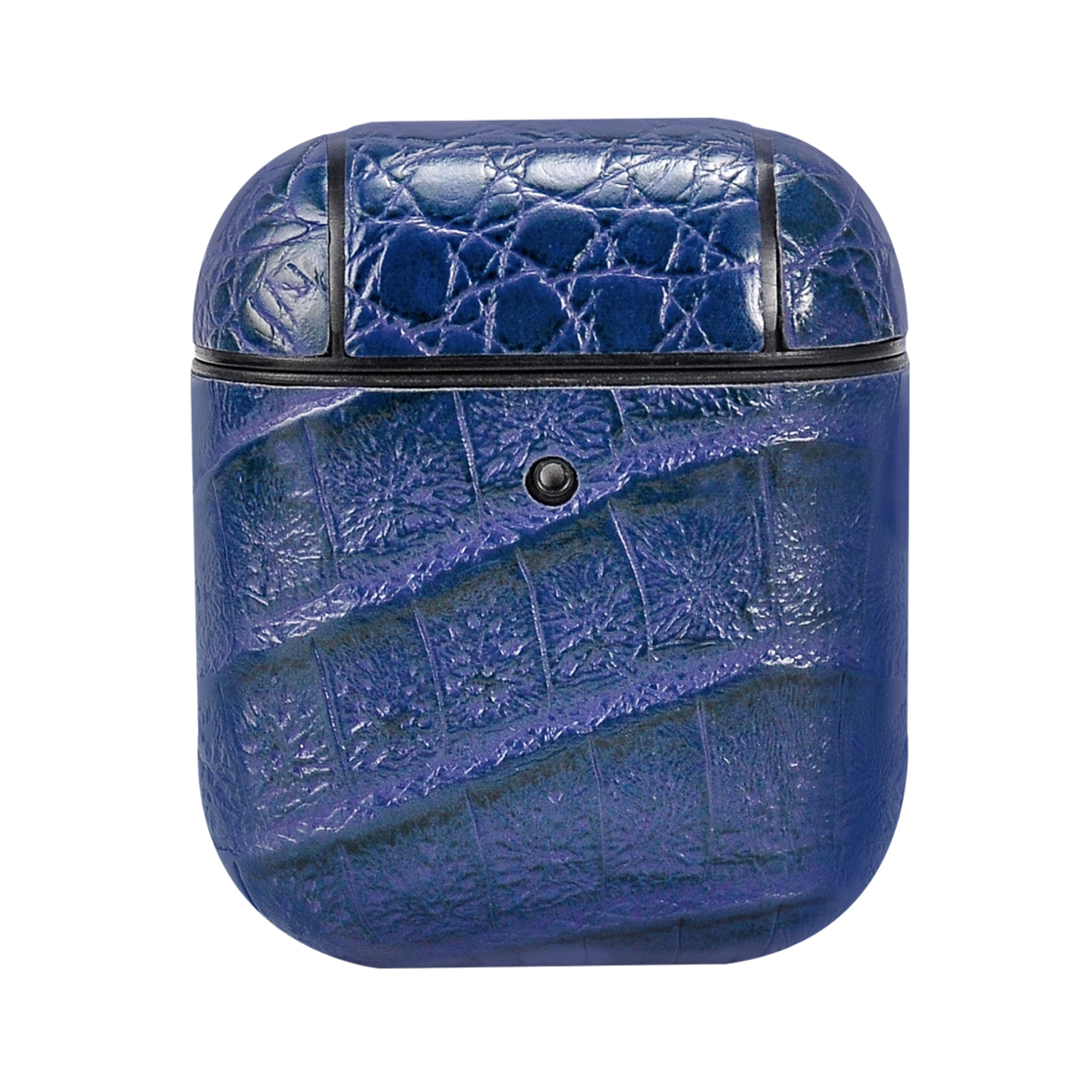 Blaues, strukturiertes Etui für Ohrhörer. Das Etui hat eine lederartige Textur.