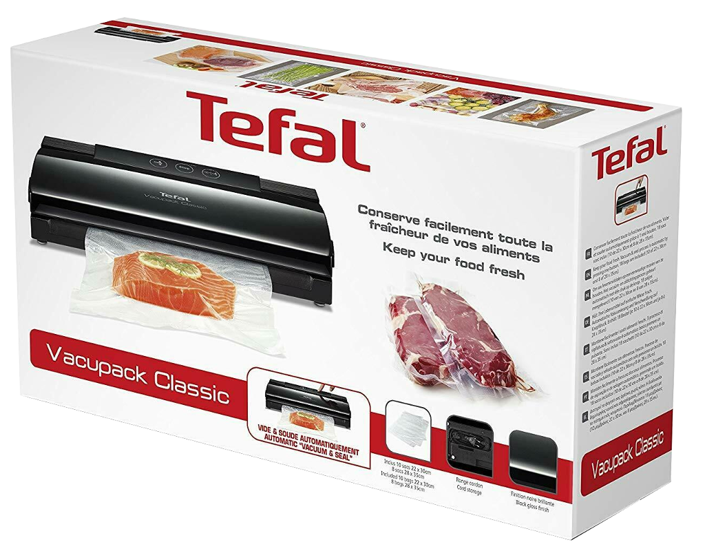 Egy Tefal Vacupack Classic doboz vákuumzáróval és vákuumcsomagolt élelmiszerekkel.