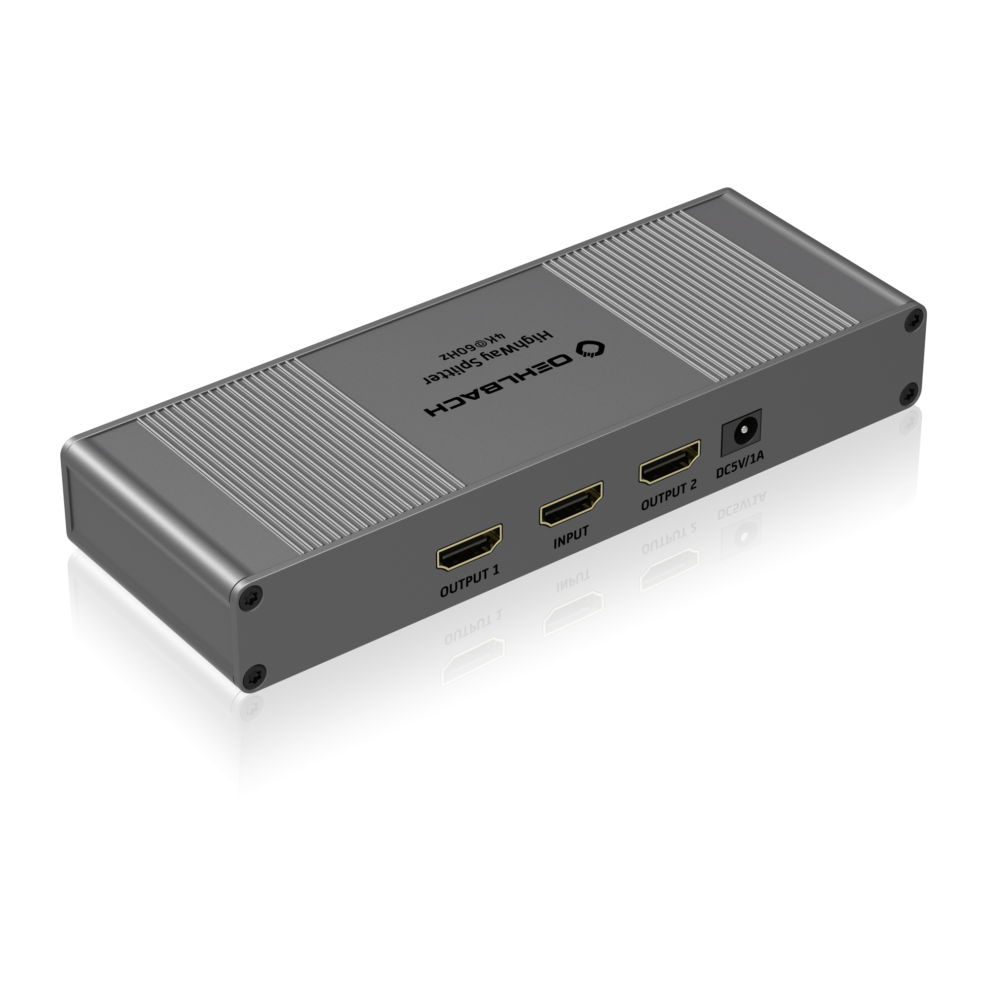 Grauer HDMI-Splitter mit 3 HDMI-Anschlüssen, Gleichstrom-Eingang und Text oben.