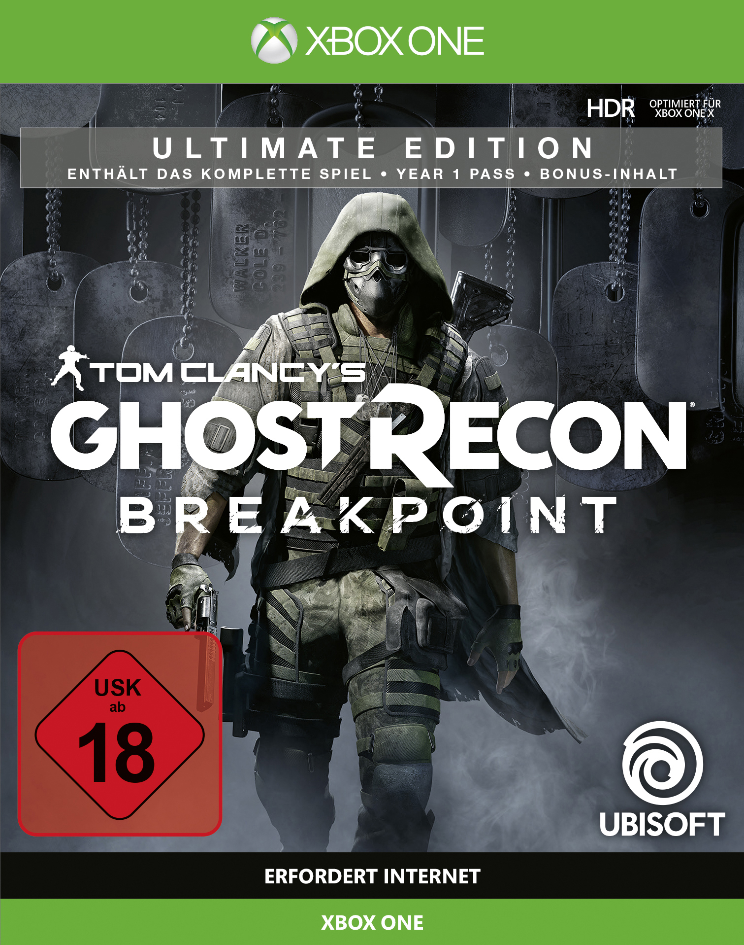 Xbox One Spielcover, Tom Clancy's Ghost Recon Breakpoint. Soldat mit Maske und hält eine Waffe.