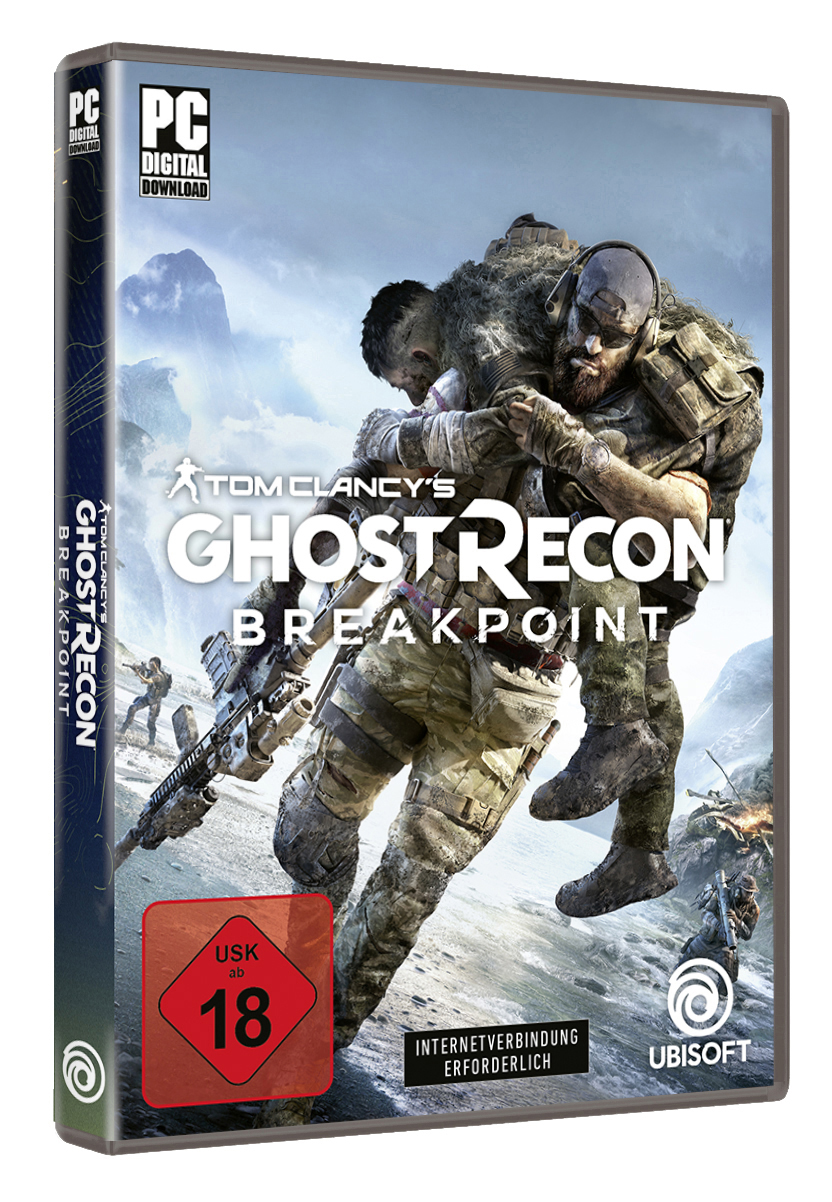 Spielhülle von 'Tom Clancy's Ghost Recon Breakpoint'. Zeigt Soldaten und Titel auf einem Berg.
