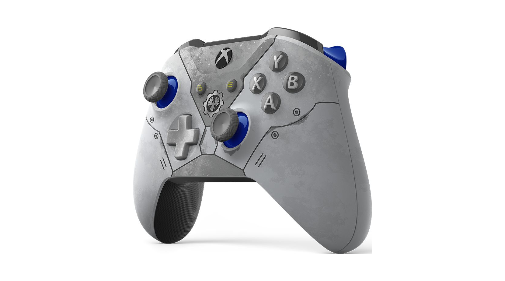 Un mando de Xbox. Es gris con detalles y botones azules. Los botones están etiquetados con letras.