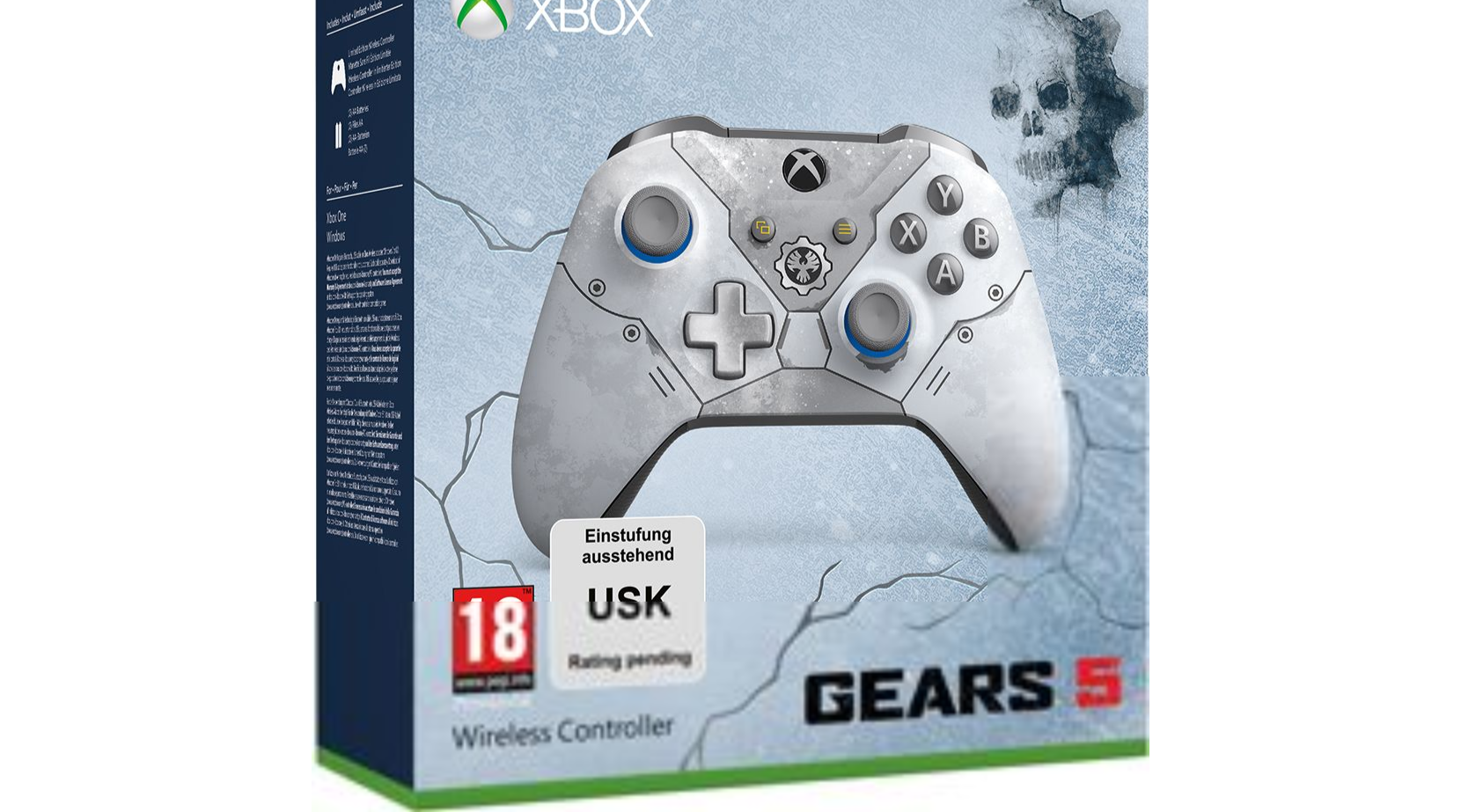 Mando inalámbrico Xbox para Gears 5, en una caja, diseño blanco y gris. Incluye información sobre la clasificación del juego.