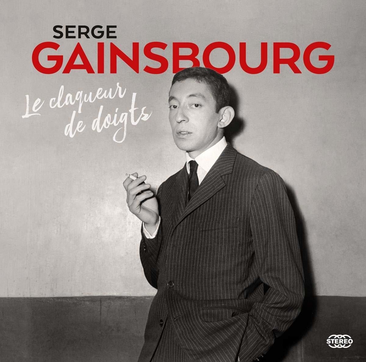 Serge Gainsbourg Albumcover. Mann im Anzug mit Zigarette. Roter Text.