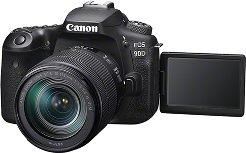 Eine Canon EOS 90D Kamera mit Objektiv und ausgeklapptem LCD-Bildschirm.