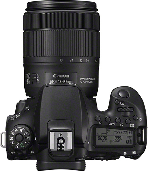 Canon Kamera mit Objektiv. Draufsicht, zeigt Objektiv und Kamerabedienelemente.