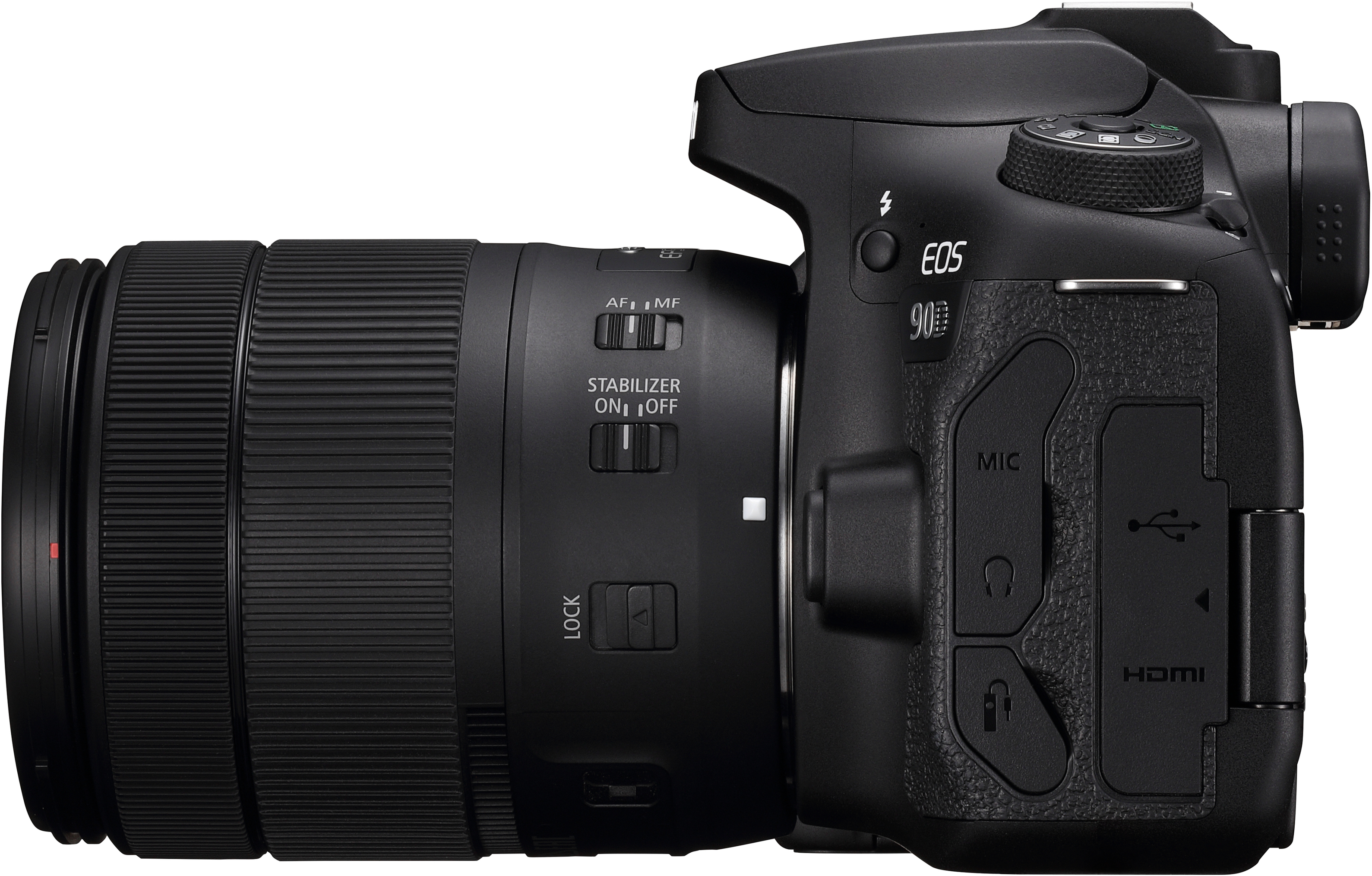 Schwarze Canon EOS 90D Kamera mit angesetztem Zoomobjektiv, nach rechts geneigt. Knöpfe und Drehregler sind an der Seite sichtbar.