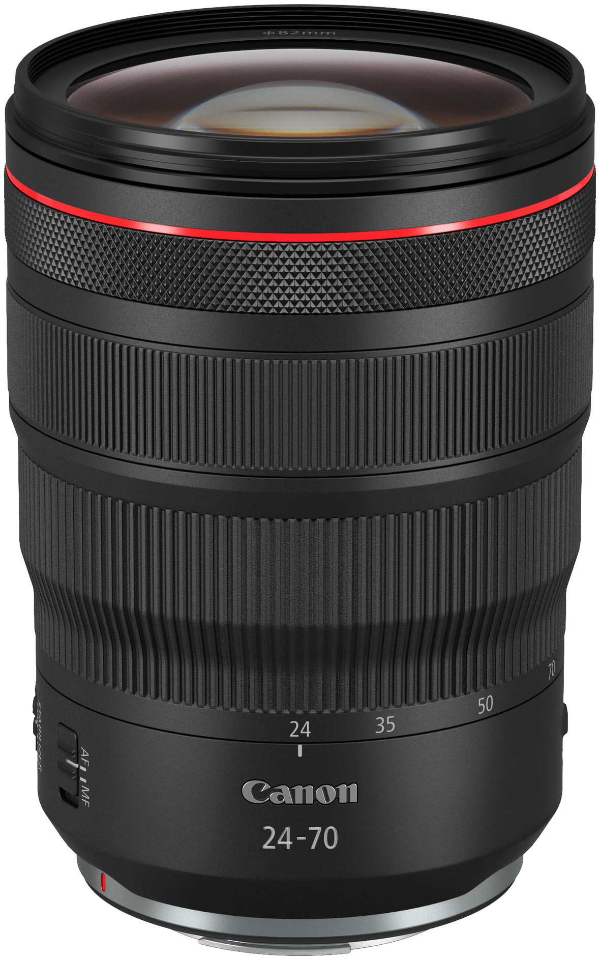 Ein schwarzes Canon 24-70mm Objektiv mit rotem Ring und beschrifteten Brennweiten.