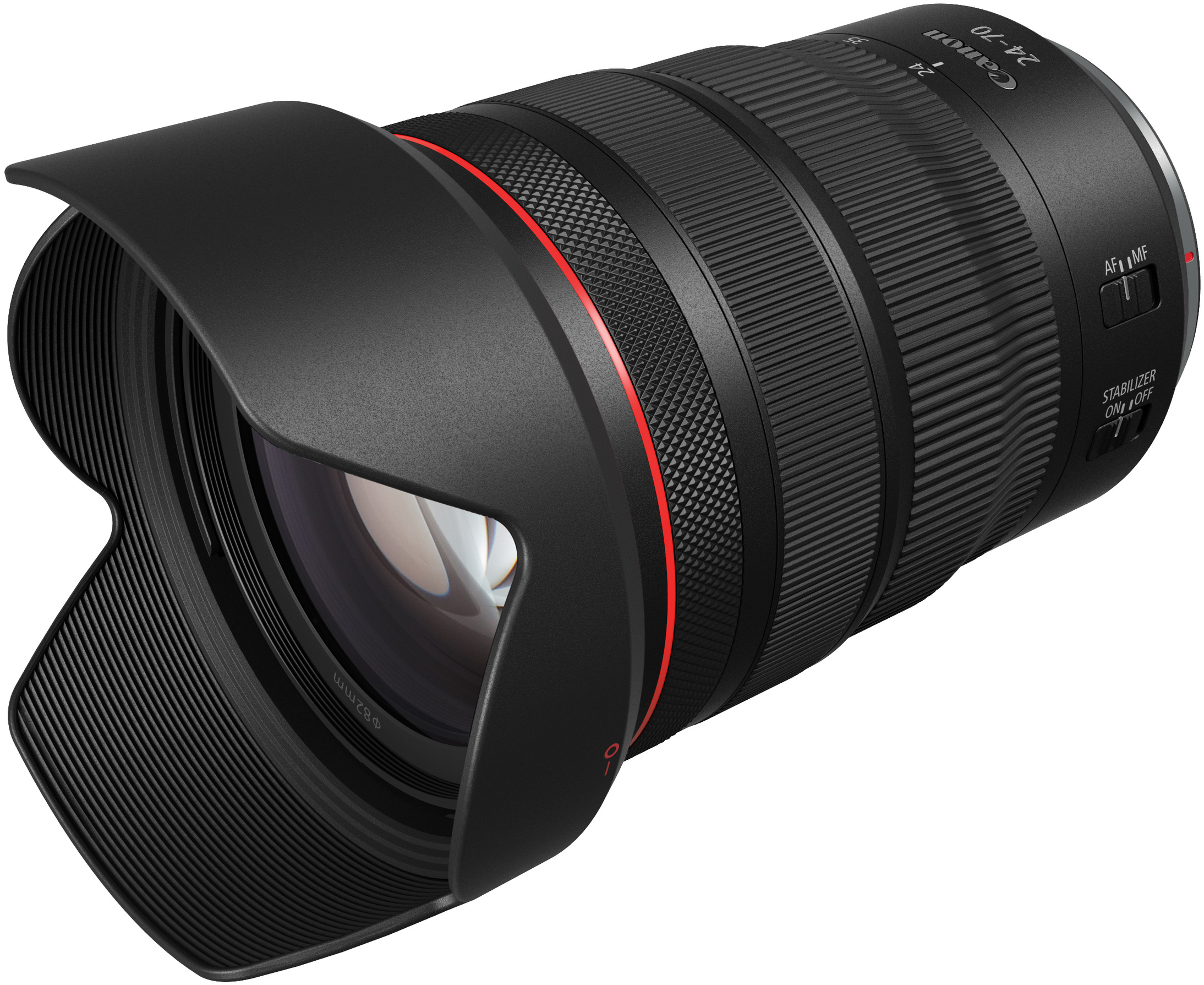 Canon 24-70mm Objektiv mit Gegenlichtblende. Schwarze und rote Akzente. Weißer Hintergrund.