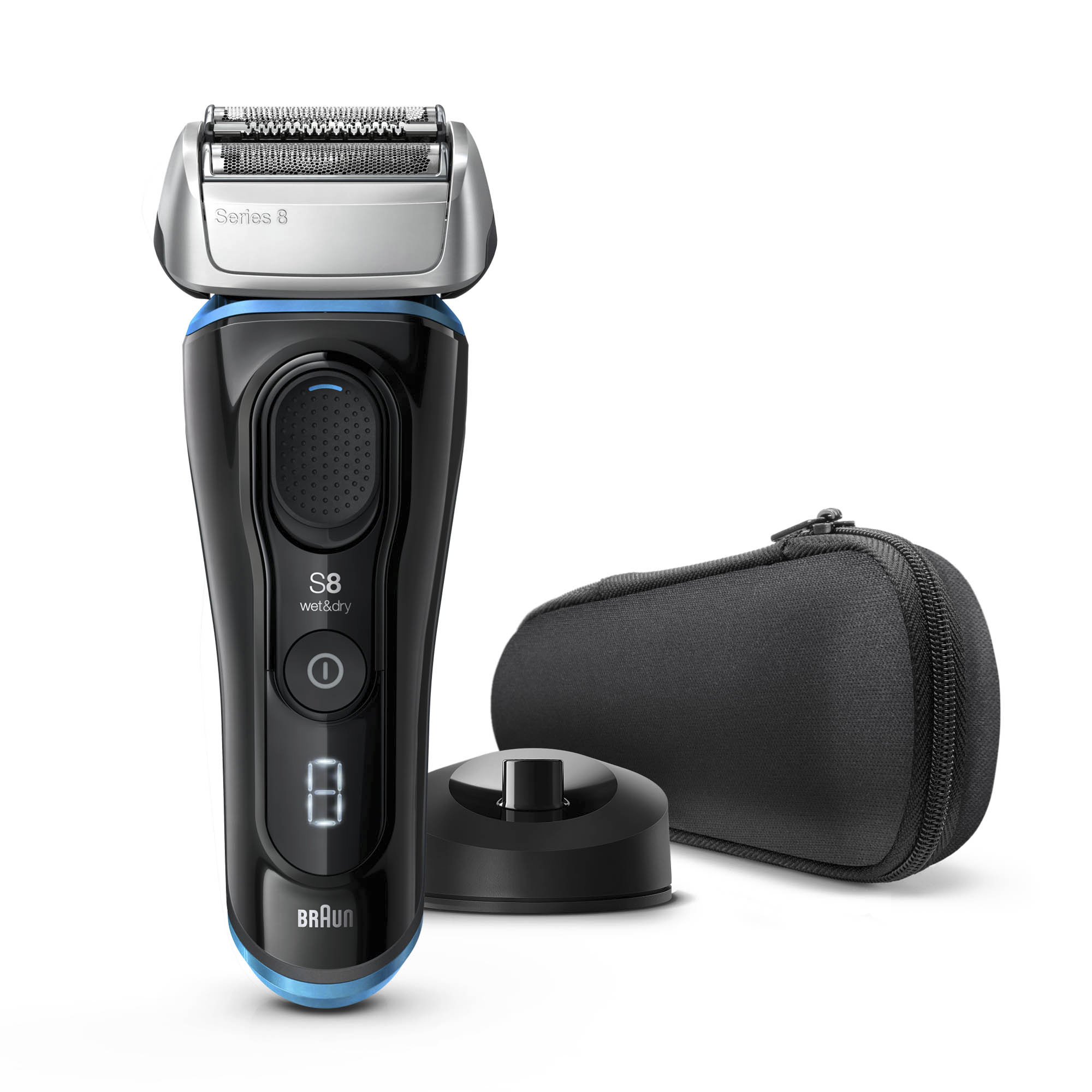 A Braun Series 8 wet & dry shaver with a charger, and a black travel case.