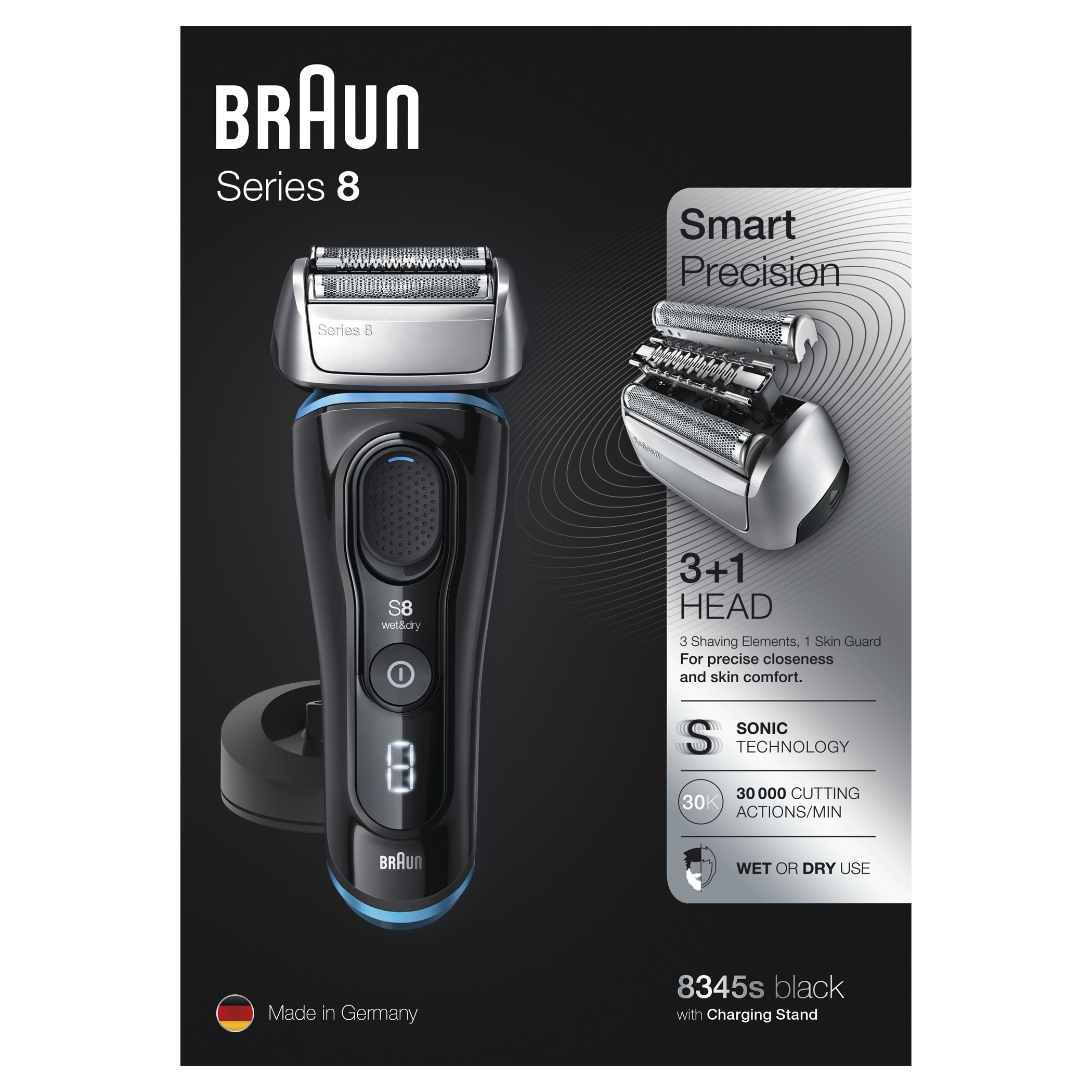 Braun Series 8 electric shaver with charging stand and details.