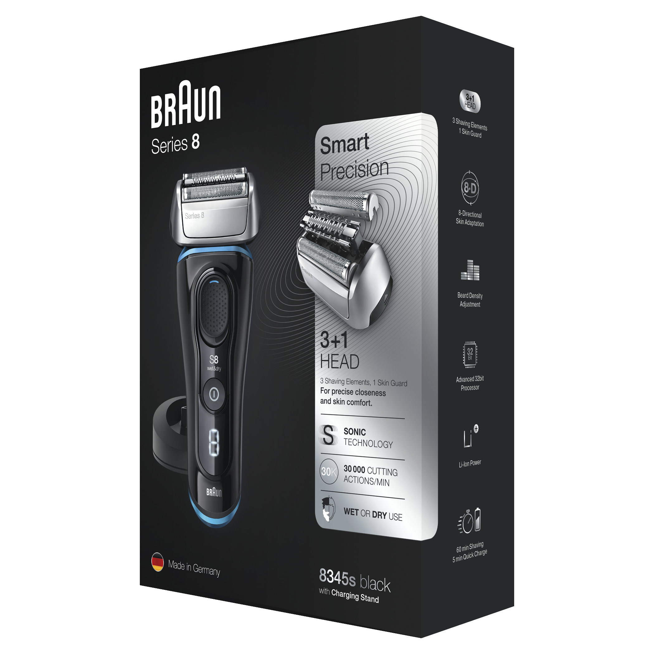 Braun Series 8 electric shaver box, with a shaver and features displayed.