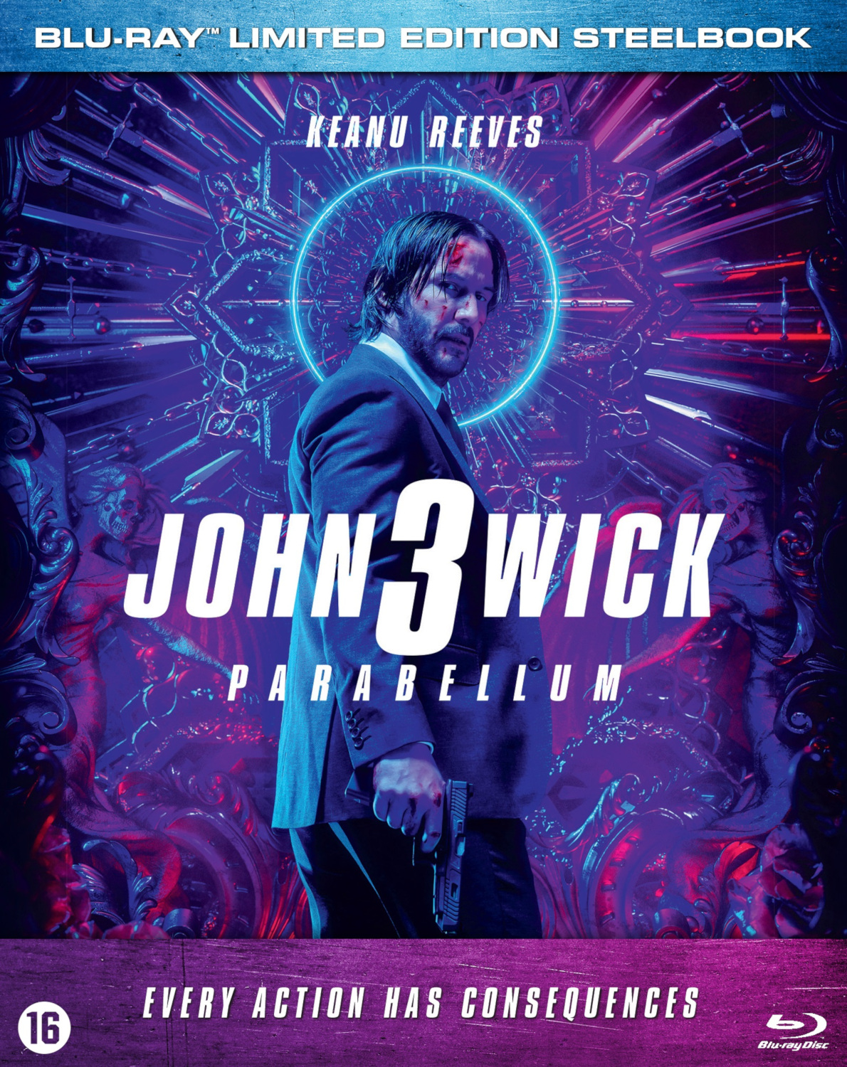 Blu-ray-hoes van John Wick 3, Keanu Reeves, staat met een pistool, blauwe achtergrond.