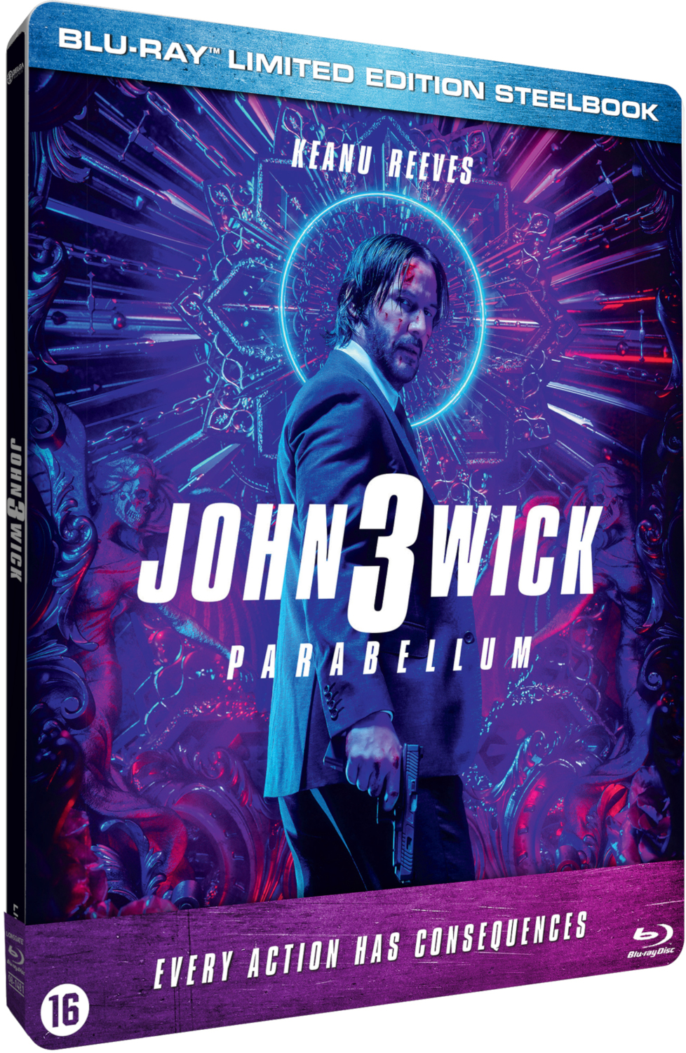 John Wick 3 film Blu-ray cover. Keanu Reeves in pak, geweer in de hand.