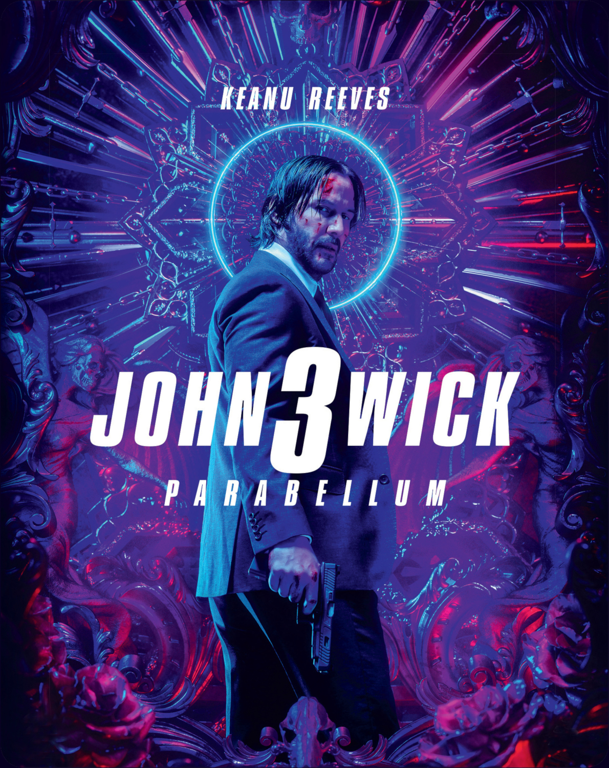 Filmposter voor John Wick 3. Keanu Reeves met een pistool, neonlichten en gestileerde achtergrond met tekst.