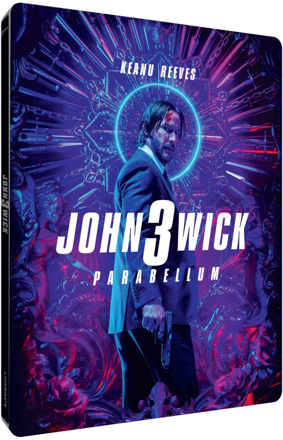Filmposter met Keanu Reeves als John Wick, pistool in de hand, in een neon-omgeving.