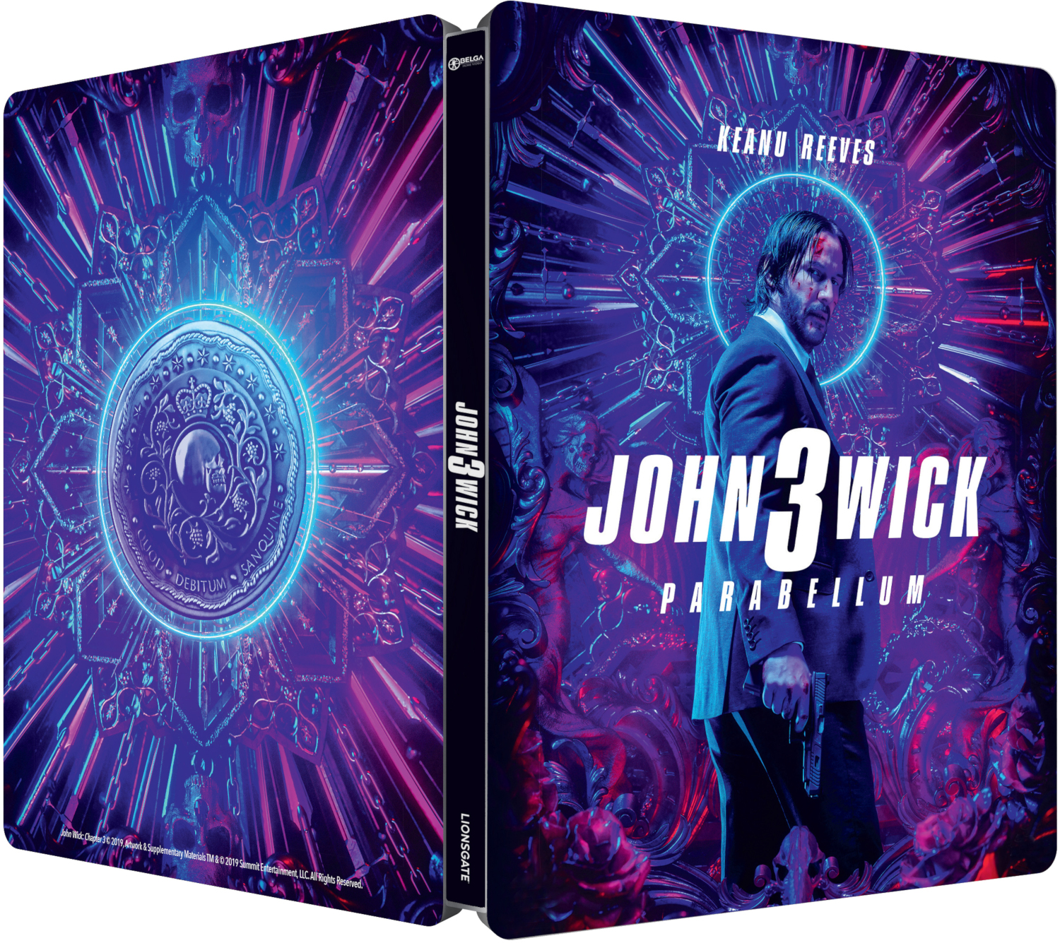 John Wick 3: Parabellum filmhoes. Keanu Reeves met een pistool, in een blauw en paars ontwerp.