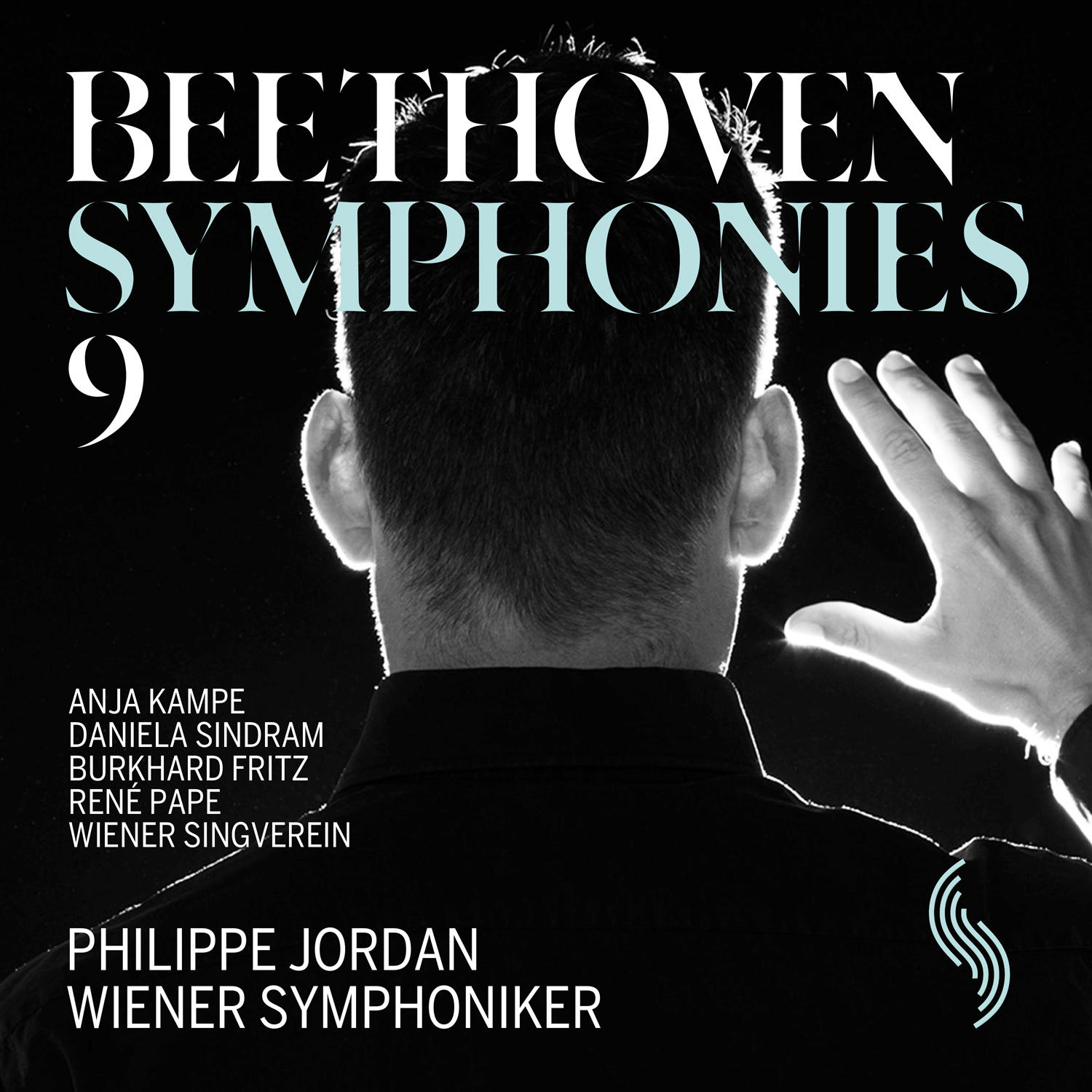 Albumcover: schwarzer Hintergrund mit dem Rücken und der Hand eines Mannes, Titel 'Beethoven Symphonien 9'.