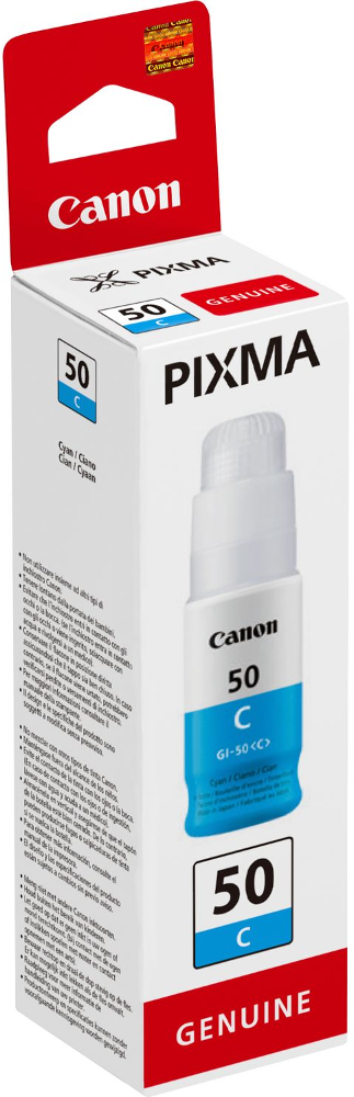 Canon Tintenpatronenbox. Es ist weiß mit sichtbarer cyanfarbener Tintenpatrone. Text: PIXMA, 50 C, GENUINE.