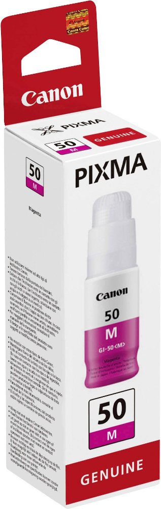 Canon PIXMA 50 M Magenta-Tintenpatronenbox und -flasche.