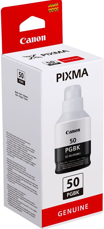 Canon Pixma Tintenpatronenbox, weiß mit schwarzem Text und einer Tintenflasche.