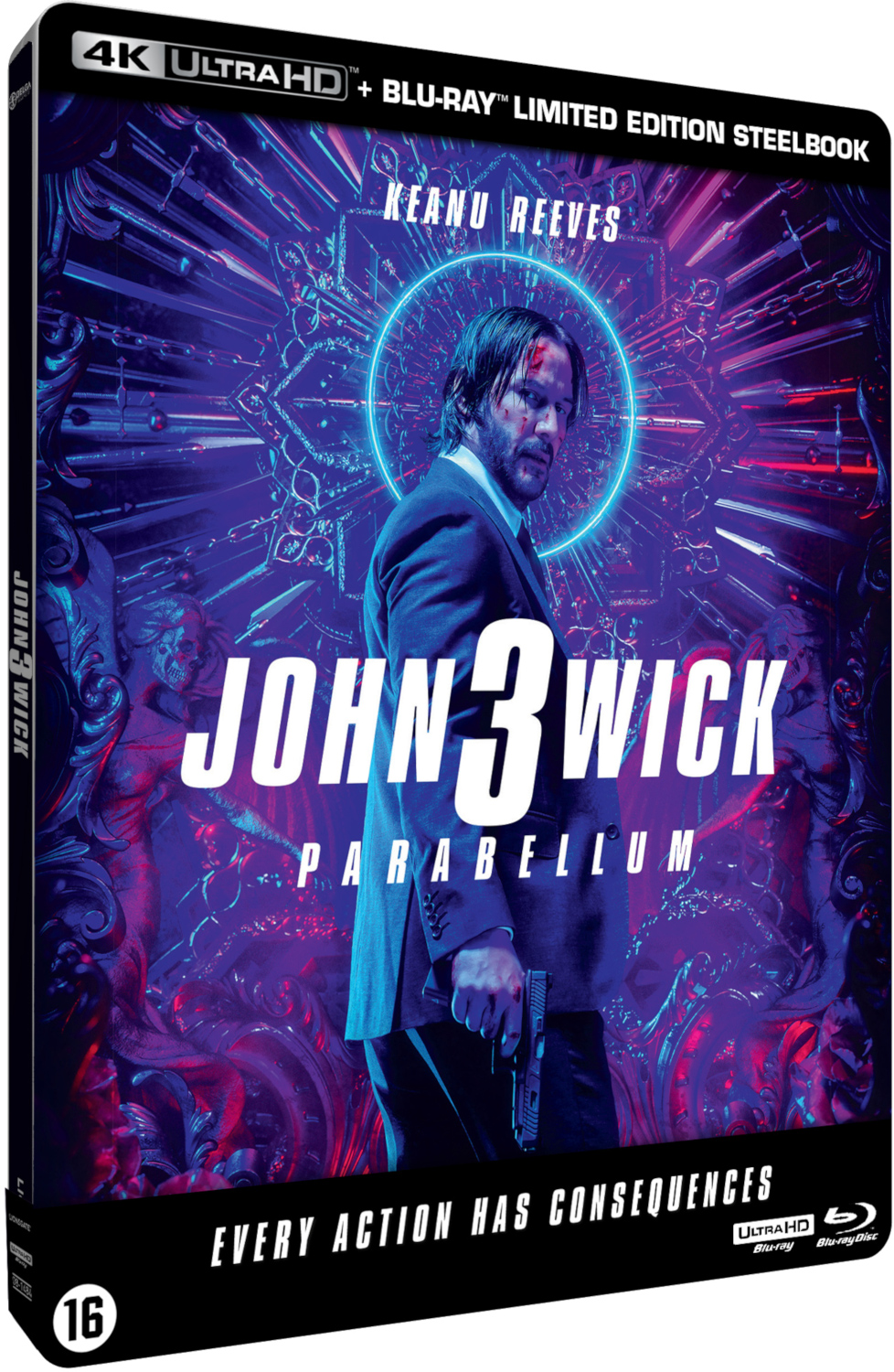 John Wick 3 Blu-ray-hoes met Keanu Reeves op de cover, blauwe en paarse achtergrond.