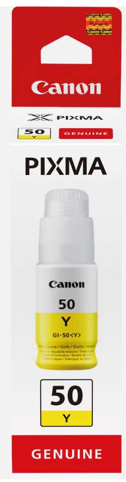 Canon PIXMA gelbe Tintenflasche, mit gelbem Etikett, in roter und weißer Canon-Verpackung.