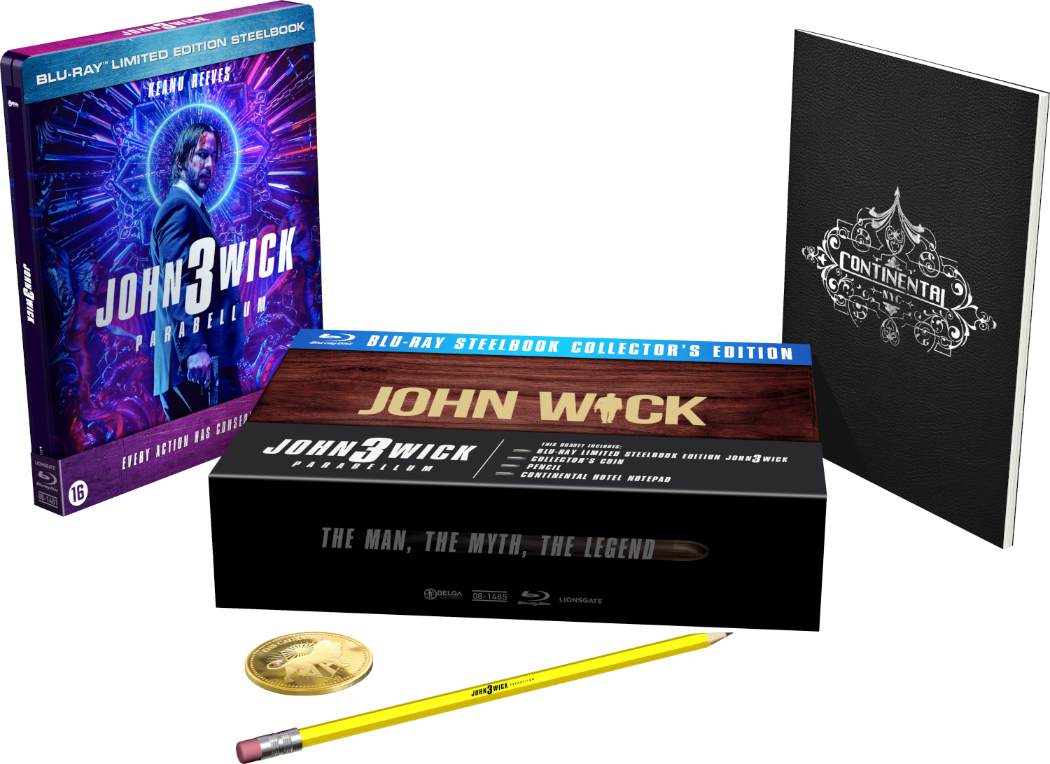 John Wick 3 Collector's Edition. Bevat Blu-ray, notitieblok, munt, potlood en steelbook.