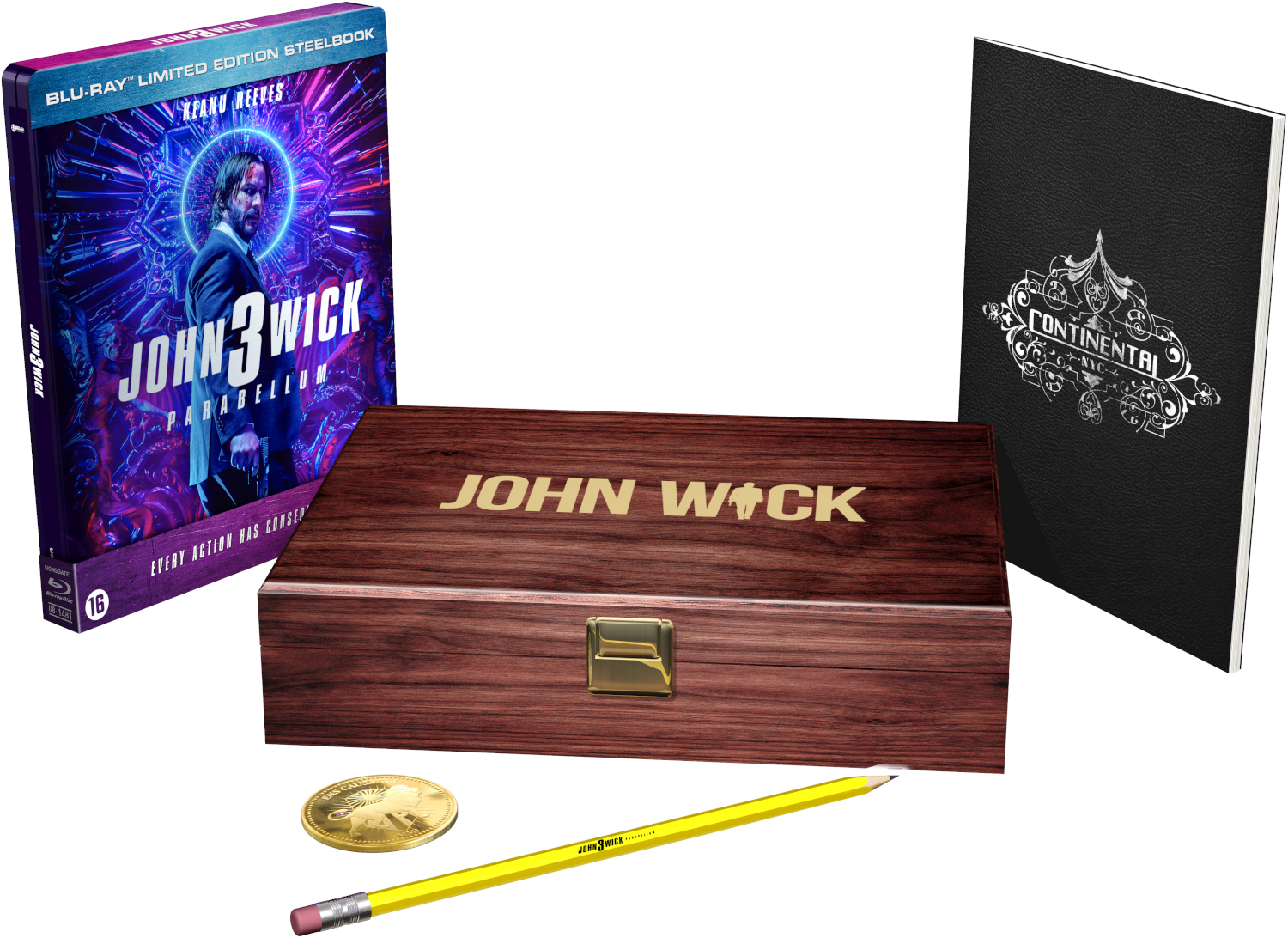 John Wick filmset met een Blu-ray disc, houten doos, munt, potlood en boek.