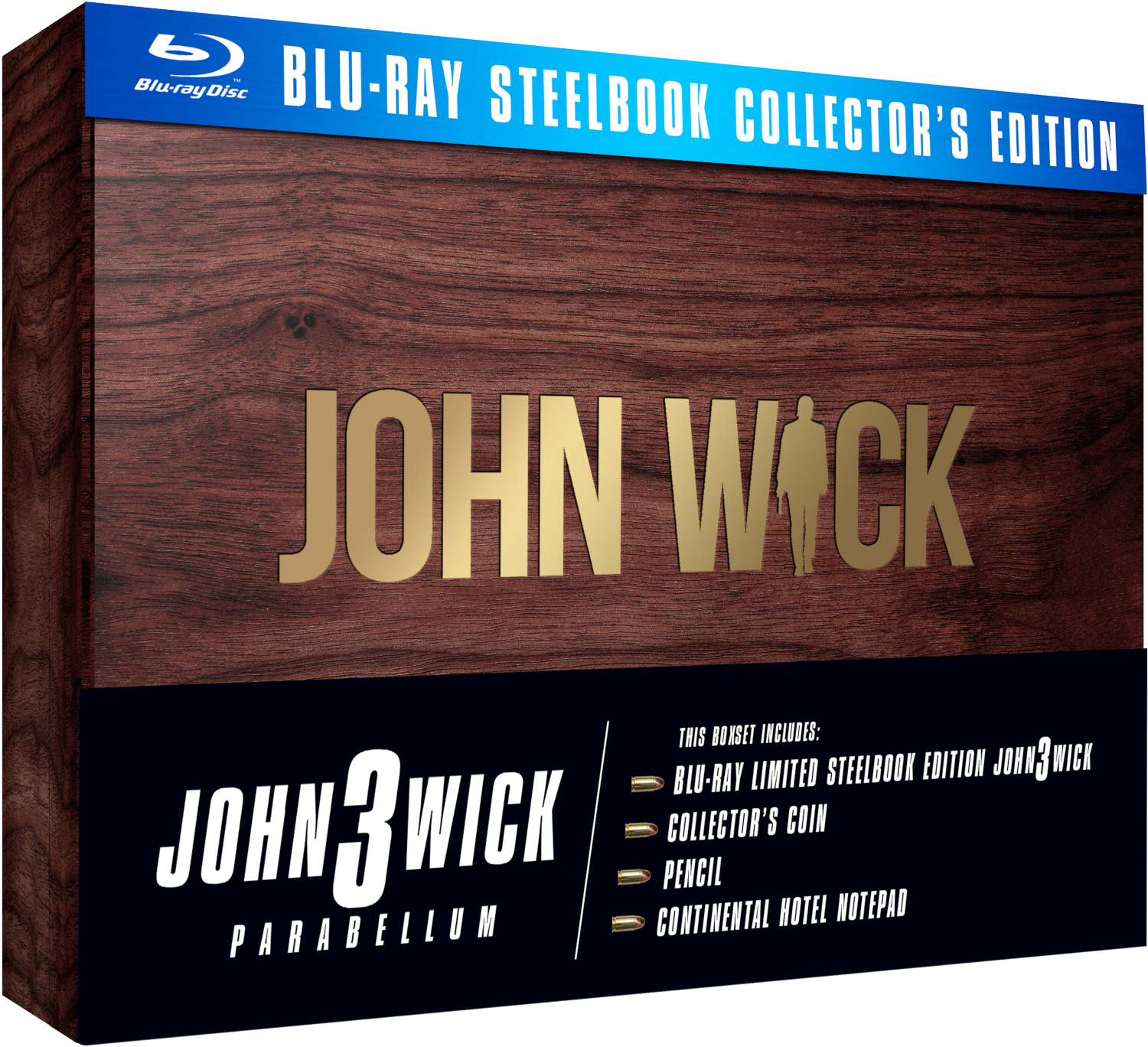 John Wick Blu-ray boxset. Gouden letters op bruine houten achtergrond, met een zwarte strook met tekst en iconen.