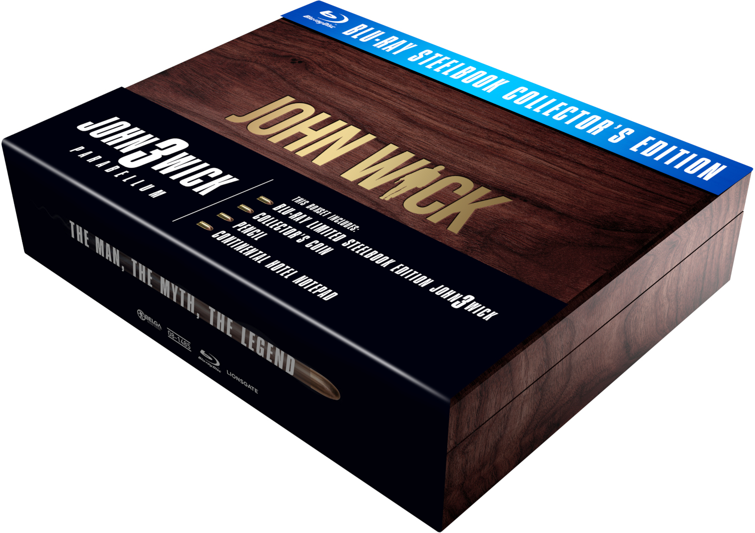 John Wick: Chapter 3 collector's edition box, bruin houten design met tekst.