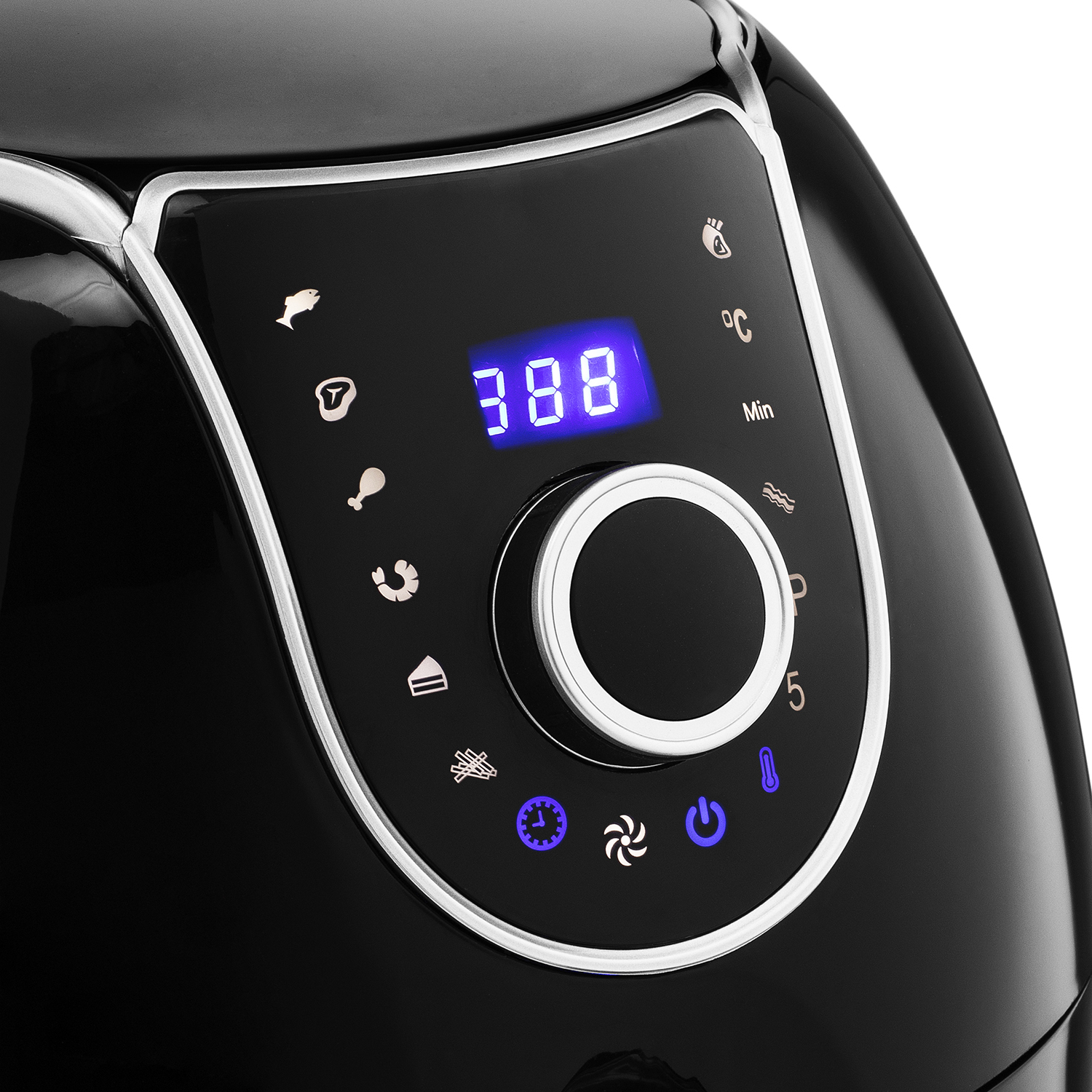 Een close-up van een zwart bedieningspaneel van een heteluchtfriteuse met een digitaal display met 388 en kookfunctie-iconen.