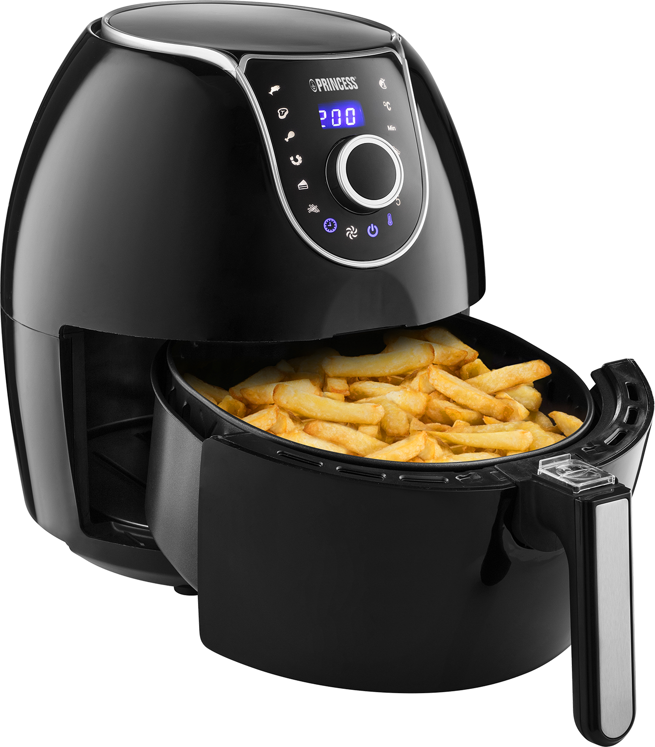 Zwarte Princess airfryer met friet, met digitale temperatuurinstellingen bovenaan.