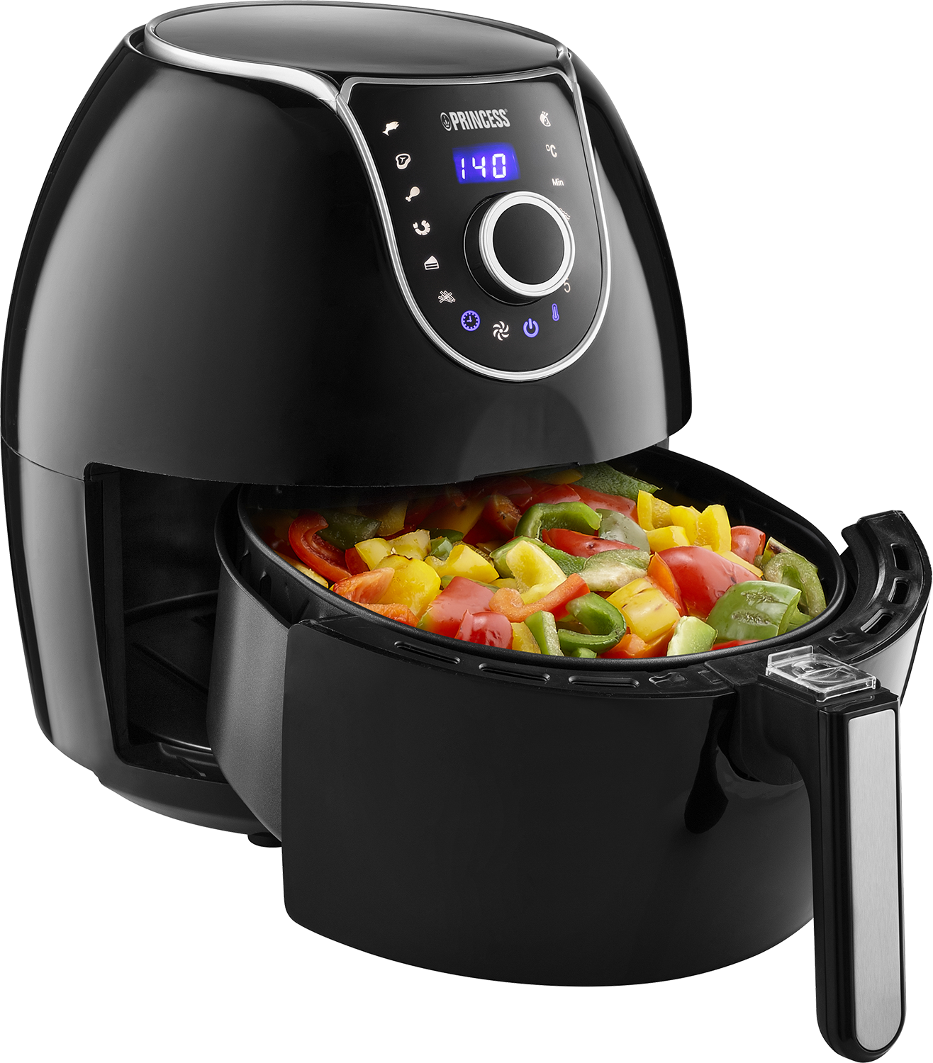 Zwarte airfryer met een mand vol kleurrijke gekookte groenten, digitaal display.