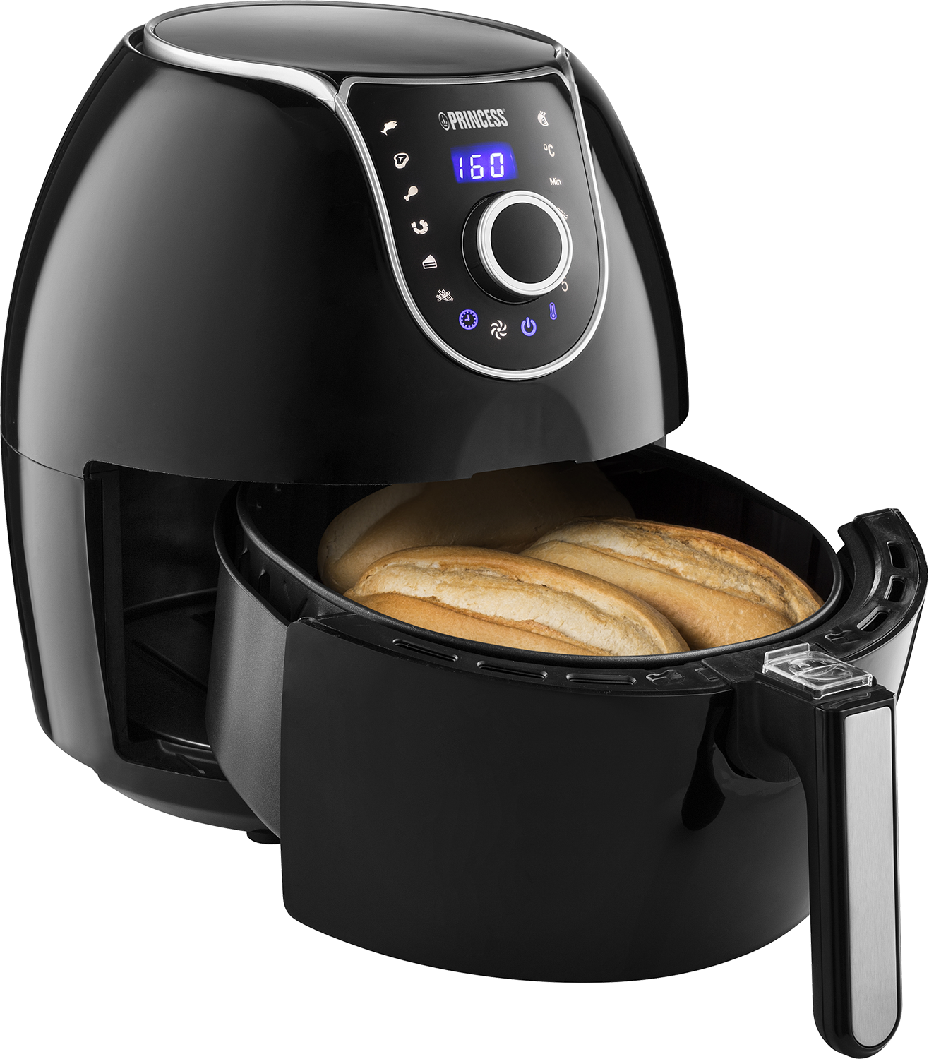 Zwarte airfryer met eten erin. Het bedieningspaneel staat bovenop en toont een temperatuurweergave.
